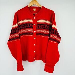 True Vintage 1960’s Norsk Knit Fishing Nordic Cardigan Sweater Red Mens Large